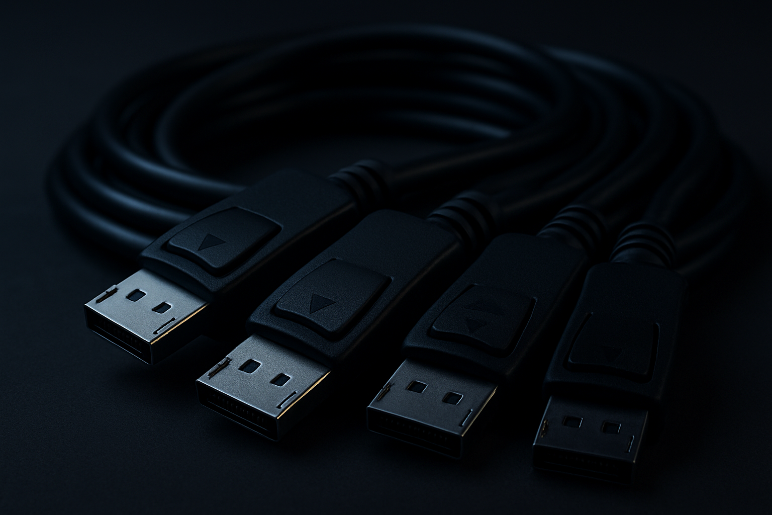 複数のDisplayPortケーブルが暗い机の上に並んでいる様子（AI生成イメージ）