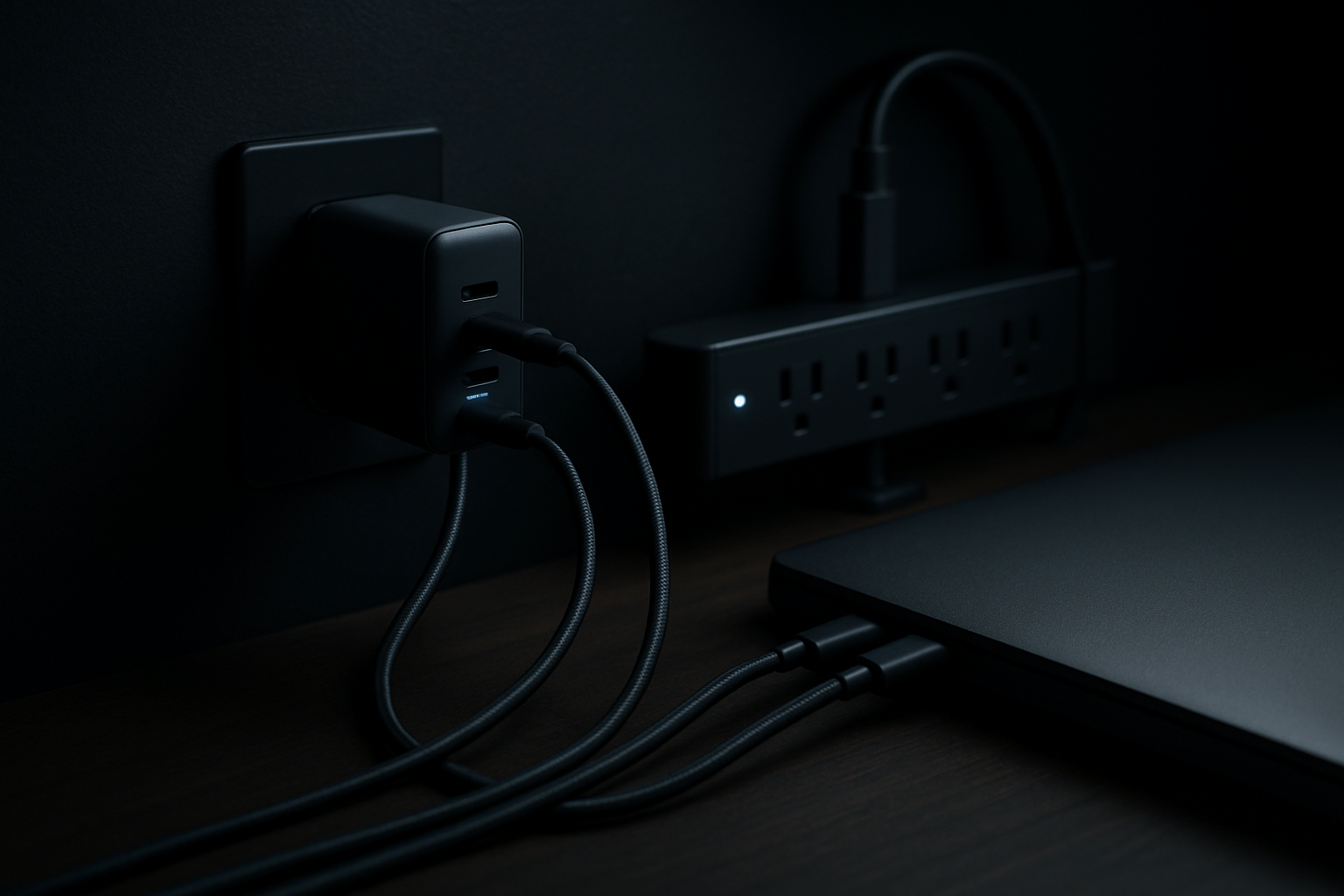 デスクの隅で複数のUSB-C充電器と電源タップが動作している様子（AI生成イメージ）