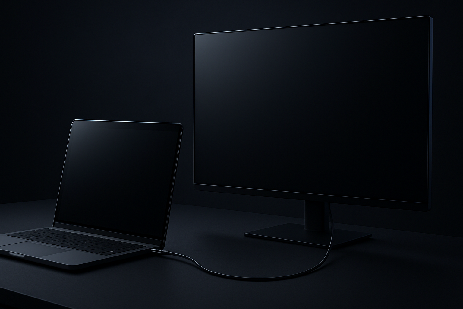 クリーンなデスク上で、ノートPCと外部モニターが1本のUSB-Cケーブルだけでつながっている（AI生成イメージ）