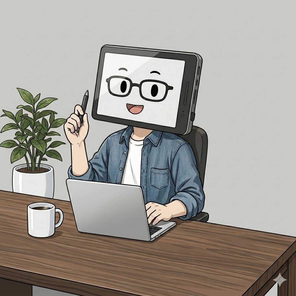 deskscape Editor — tablet-faced character with glasses, sketching at a desk